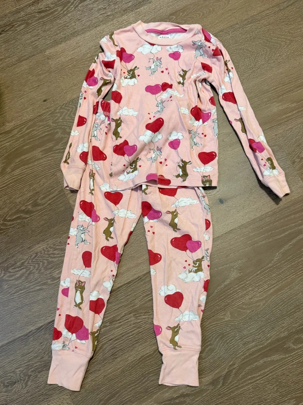 Mini Boden Pajama Set rabbits with red and Pink Heart Balloons on clouds